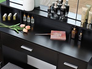 vanity desk with mirror and lights